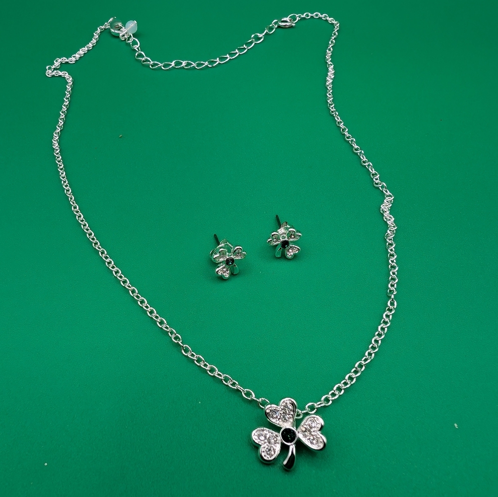 Avon Rhinestone Shamrock Necklace and Stud Earring Set 2013